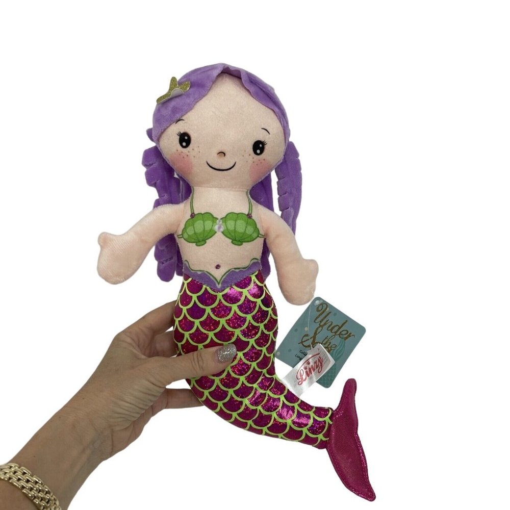 Linzy Toys Mermaid Plush Doll 14” Purple Hair Green Bikini Shells Pink Tail
